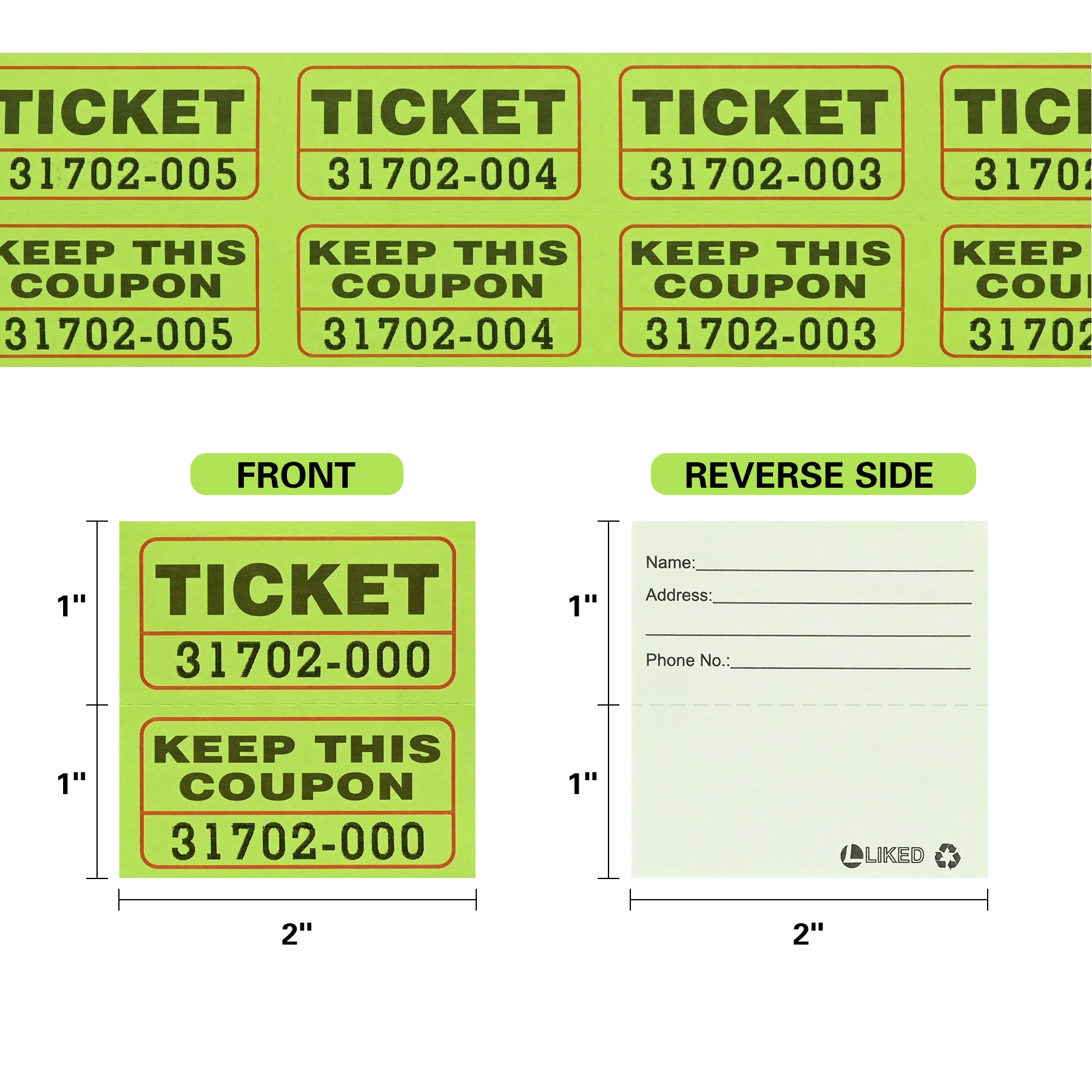 L LIKED Fluorescence Raffle Tickets Double Roll 1000 Tickets Neon High Light 50/50 Tickets for Event,Raffle,Fundraiser