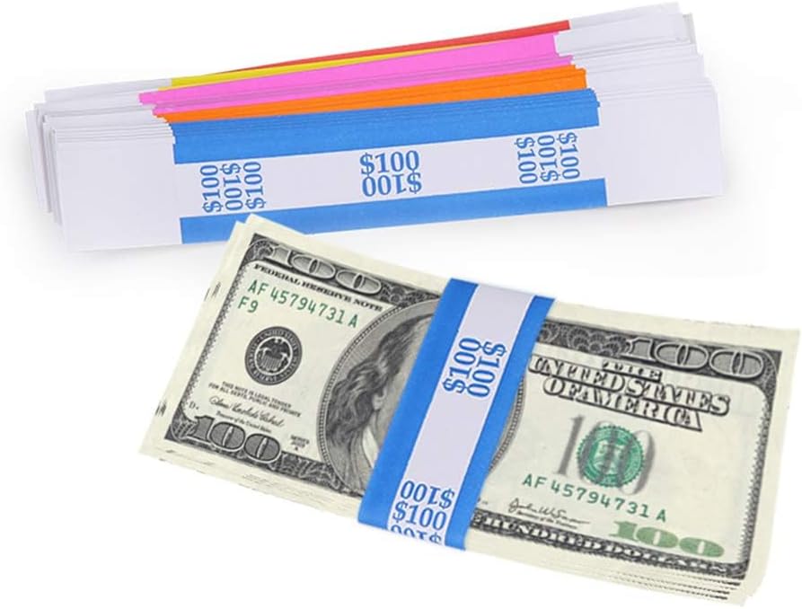 L LIKED Pack of 250 Currency Band Bundles Self Sealing Currency Straps Bands Money Bill Wrappers (50 of Each - 250 Assorted)