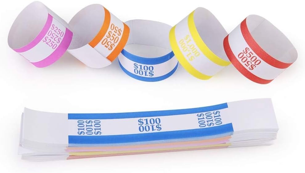 L LIKED Pack of 250 Currency Band Bundles Self Sealing Currency Straps Bands Money Bill Wrappers (50 of Each - 250 Assorted)