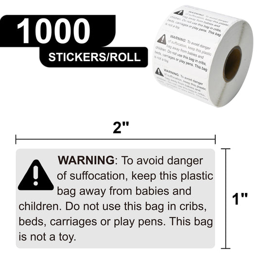 L LIKED Warning - Risk of Suffocation FBA-Approved 2" x 1" Pre-Printed Labels/Stickers for Shipping (1000 Labels per Roll)