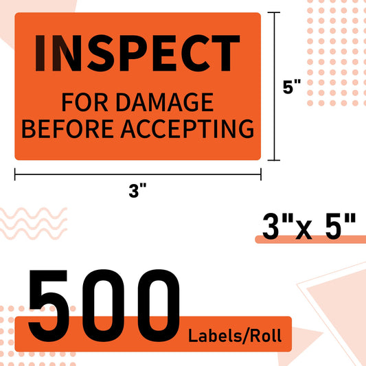 L LIKED Shipping Labels, 3" X 5" Inspect for Damage Before Accepting Warning Stickers for Shipping or Packing, Permanent Adhesive (500/Roll)