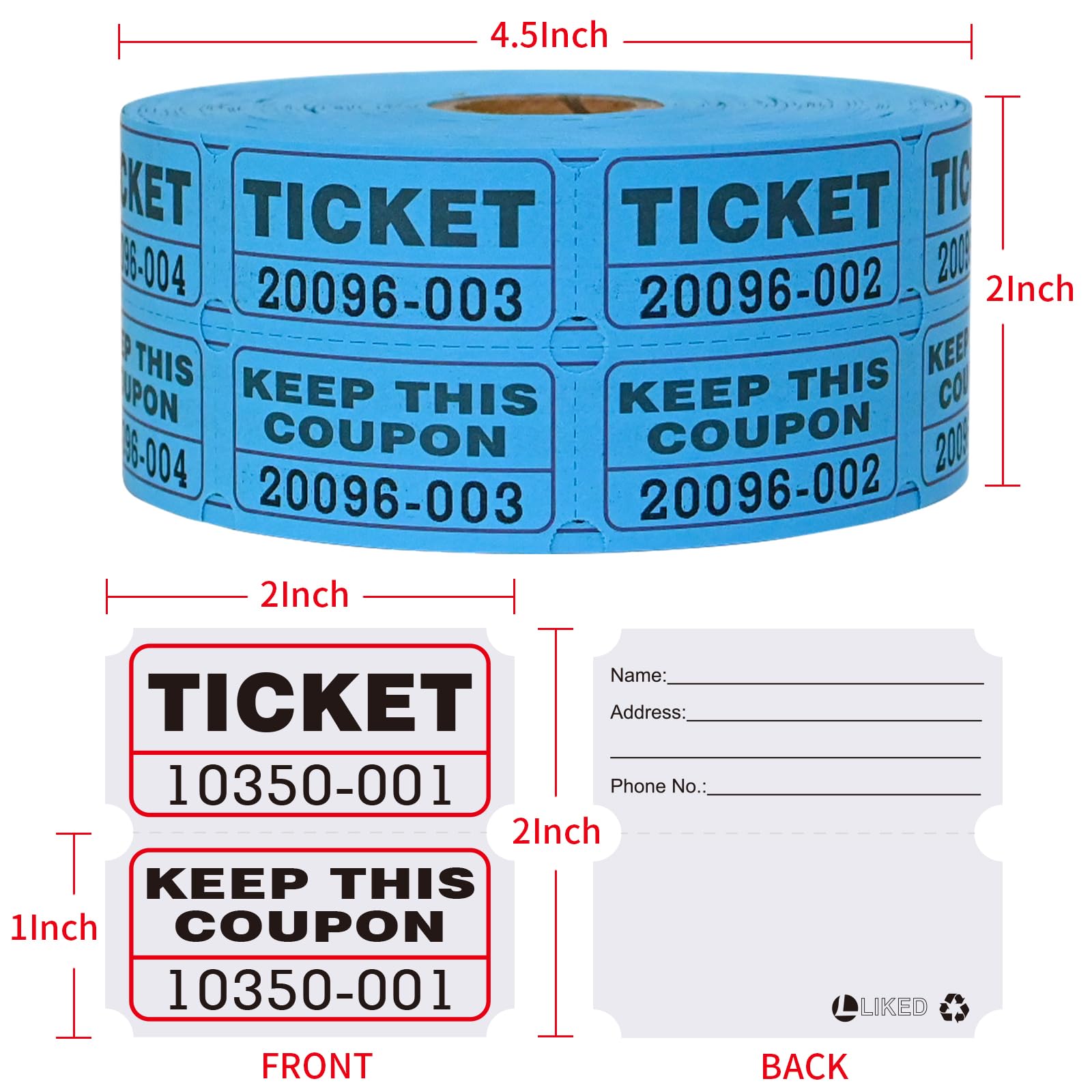 L LIKED 1000 Per Roll 2" x 2" Raffle Tickets with Perforations and Consecutive Numbers for Events,Entry,Class Reward,Fundraiser & Prizes-2 Rolls