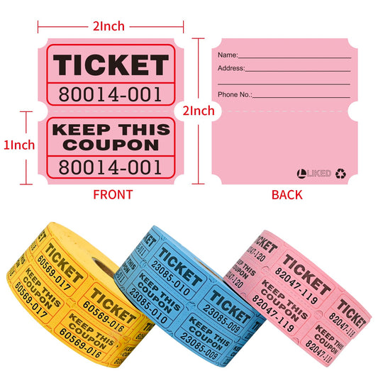 L LIKED 1000 Per Roll 2" x 2" Raffle Tickets with Perforations and Consecutive Numbers for Events,Entry,Class Reward,Fundraiser & Prizes-3 Rolls