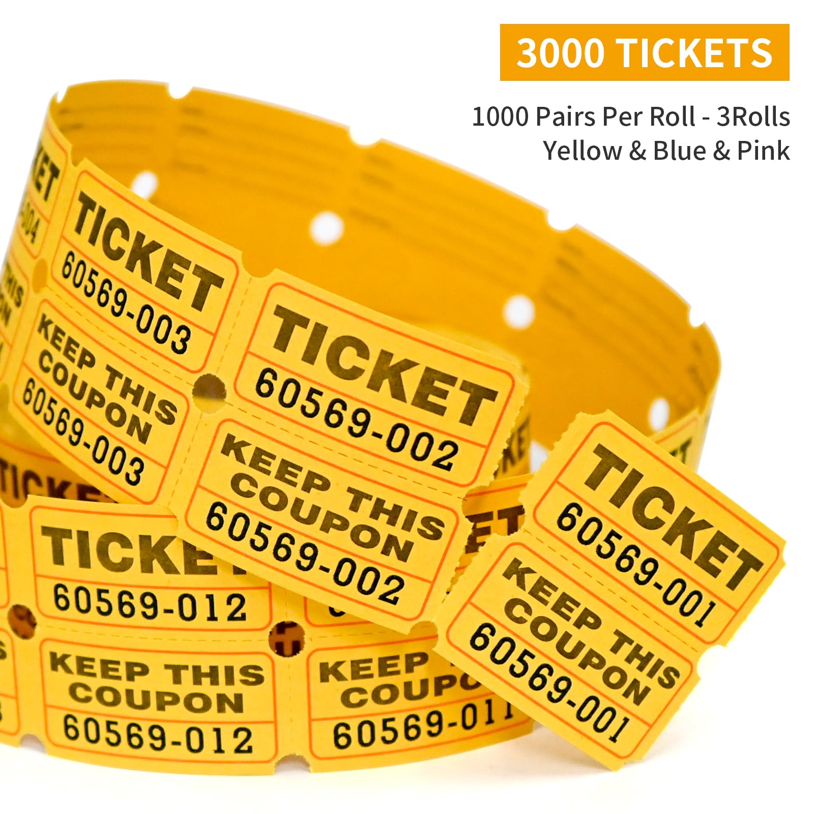 L LIKED 1000 Per Roll 2" x 2" Raffle Tickets with Perforations and Consecutive Numbers for Events,Entry,Class Reward,Fundraiser & Prizes-3 Rolls