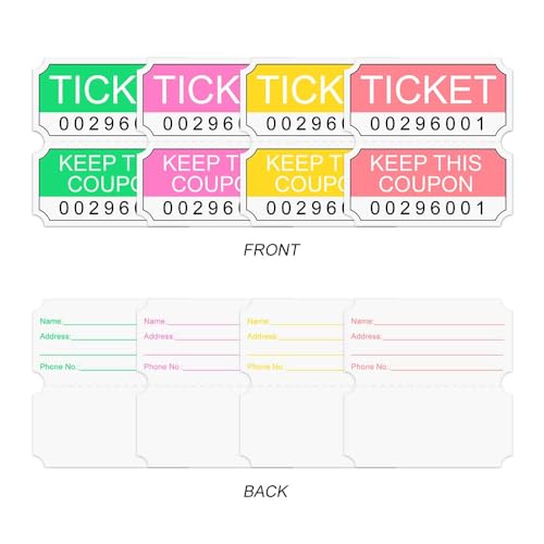 L LIKED 8000 Assorted Double Raffle Tickets 2000 per Roll 50/50 (Neon Pink, Green, Red, Yellow)