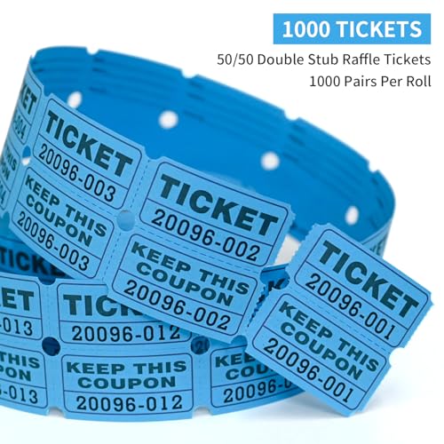 L LIKED 2000 Raffle Tickets Double Rolls 50/50 Stub Tickets with Consecutive Numbers 1000 Pairs per Roll,2 Rolls-Blue,Red