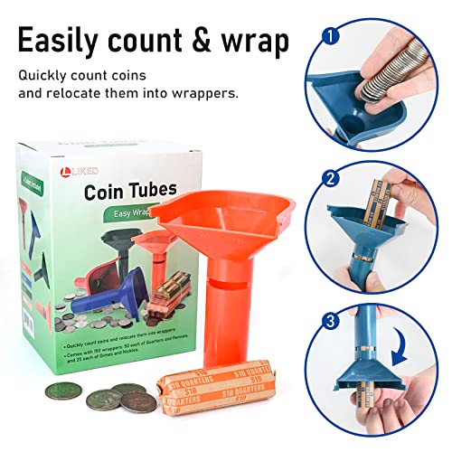 L LIKED 150 Assorted Flat Striped Coin Wrappers & 4 Coin Sorters Tubes, Color-Coded,Easy to Load