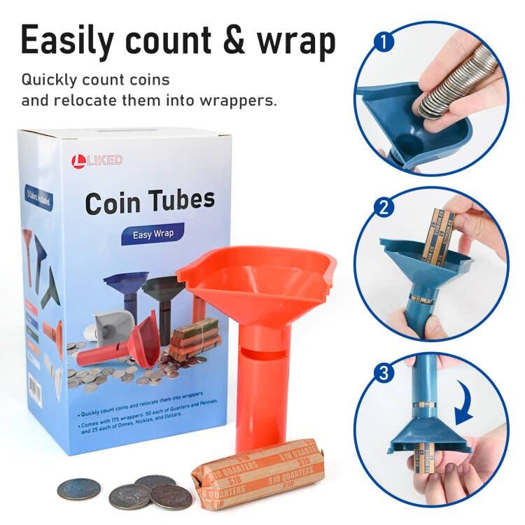 L LIKED 175 Assorted Flat Striped Coin Wrappers & 5 Coin Sorters Tubes, Color-Coded,Easy to Load