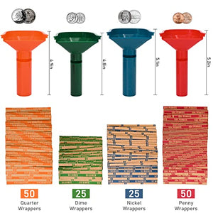 L LIKED 150 Assorted Flat Striped Coin Wrappers & 4 Coin Sorters Tubes, Color-Coded,Easy to Load