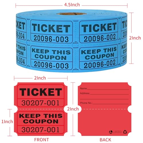 L LIKED 2000 Raffle Tickets Double Rolls 50/50 Stub Tickets with Consecutive Numbers 1000 Pairs per Roll,2 Rolls-Blue,Red