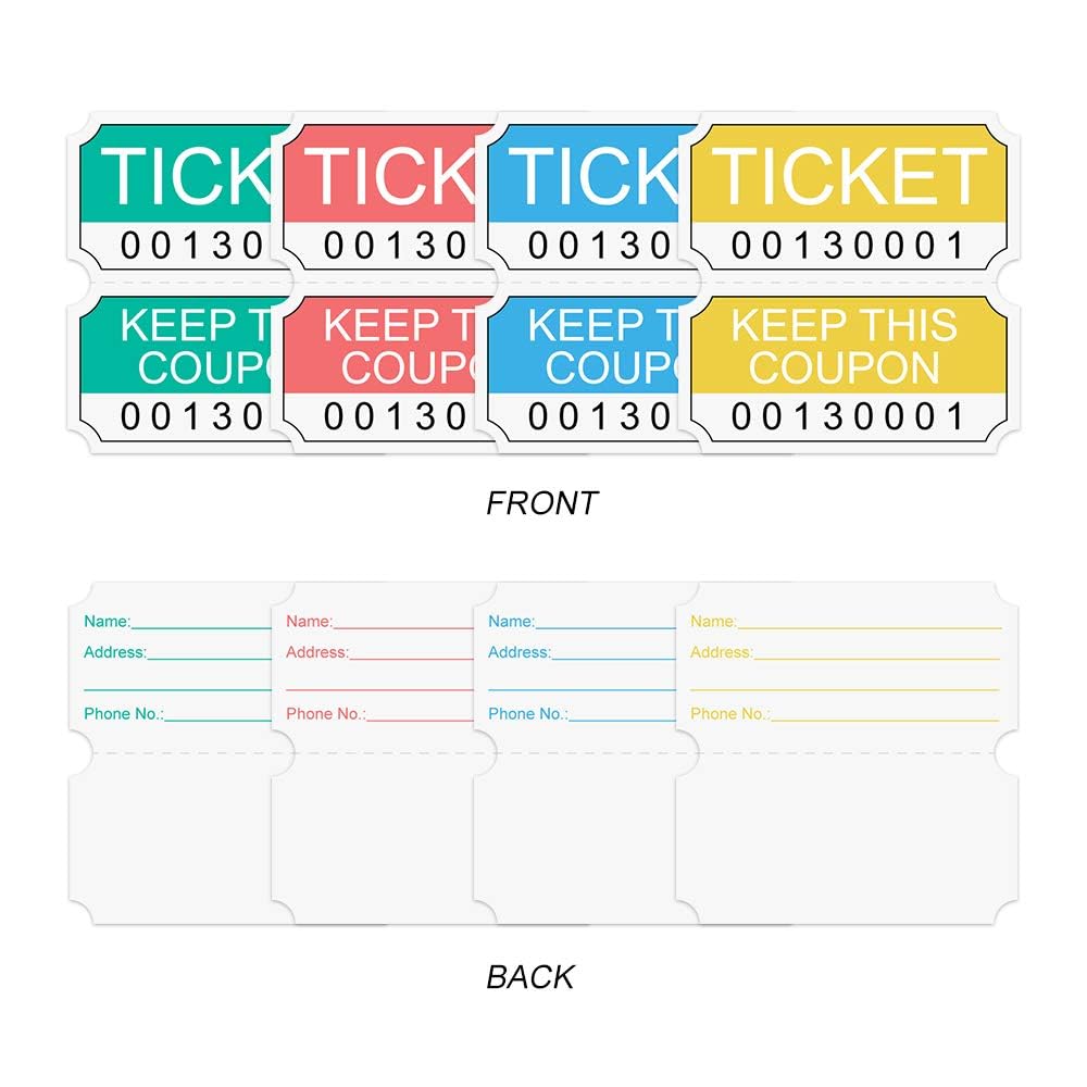 L LIKED 8000 Assorted Double Raffle Tickets 2000 per Roll 50/50 (Blue, Green, Red, Yellow)