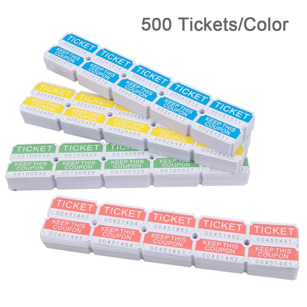 L LIKED 2,000 Assorted Double Raffle Tickets Roll (4 x 500 Tickets) 50/50 Stub Tickets for Events, Fairs, Roll with Consecutively Numbered