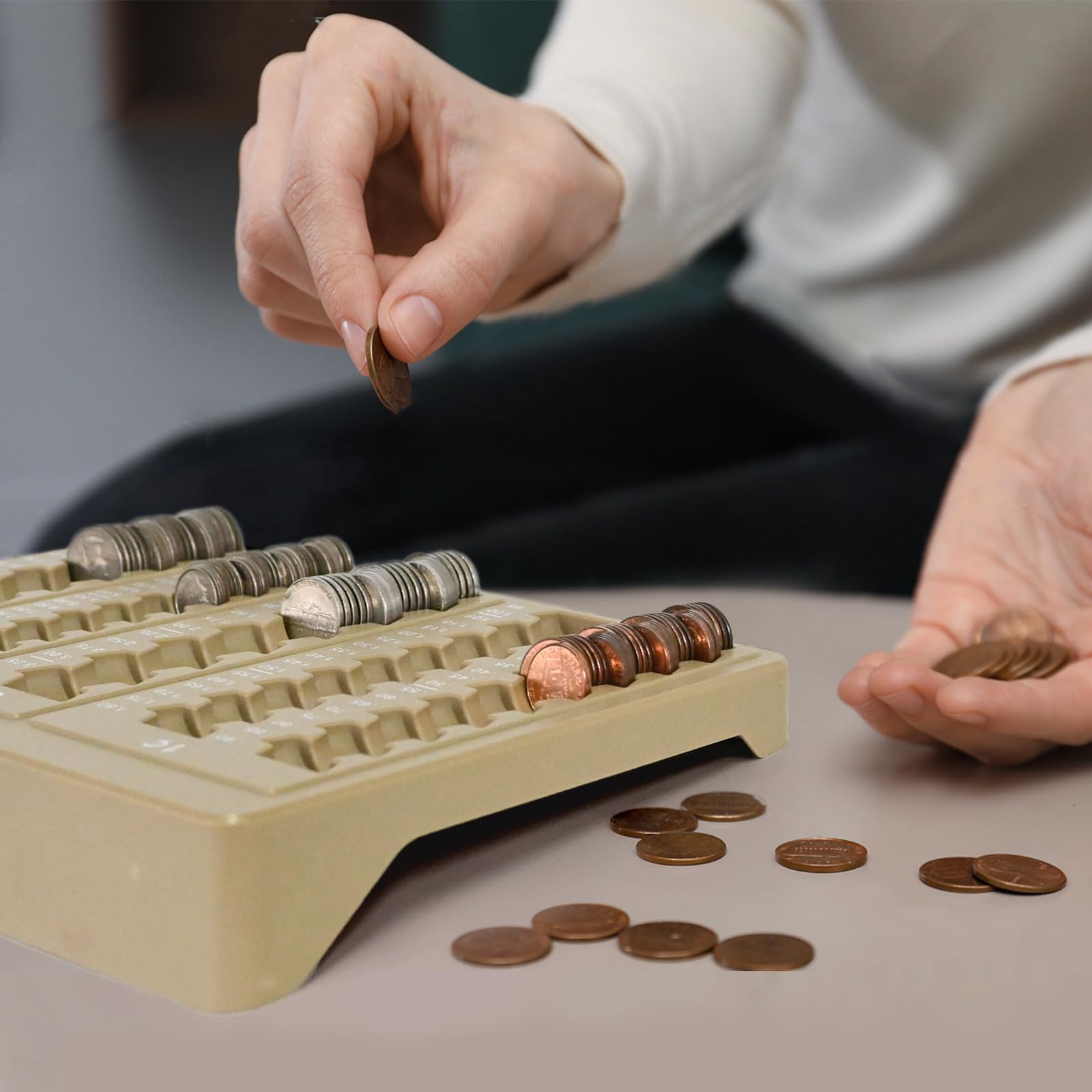 L LIKED 1PCS Brown Coin Counter Tray-Coin Sorter Tray with 150 Assort Coin Wrappers Included-5 Compartments Slots for Organization Pennies, Nickels, Dimes, and Quarters - Use for Bank,Home and Office