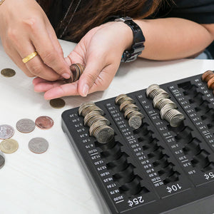 L LIKED 1PCS Black Coin Counter Tray -Change Counter Coin Counting and Sorting Tray with 150 Assort Coin Wrappers Included-5 Compartments Slots for Organization Pennies, Nickels, Dimes, and Quarters