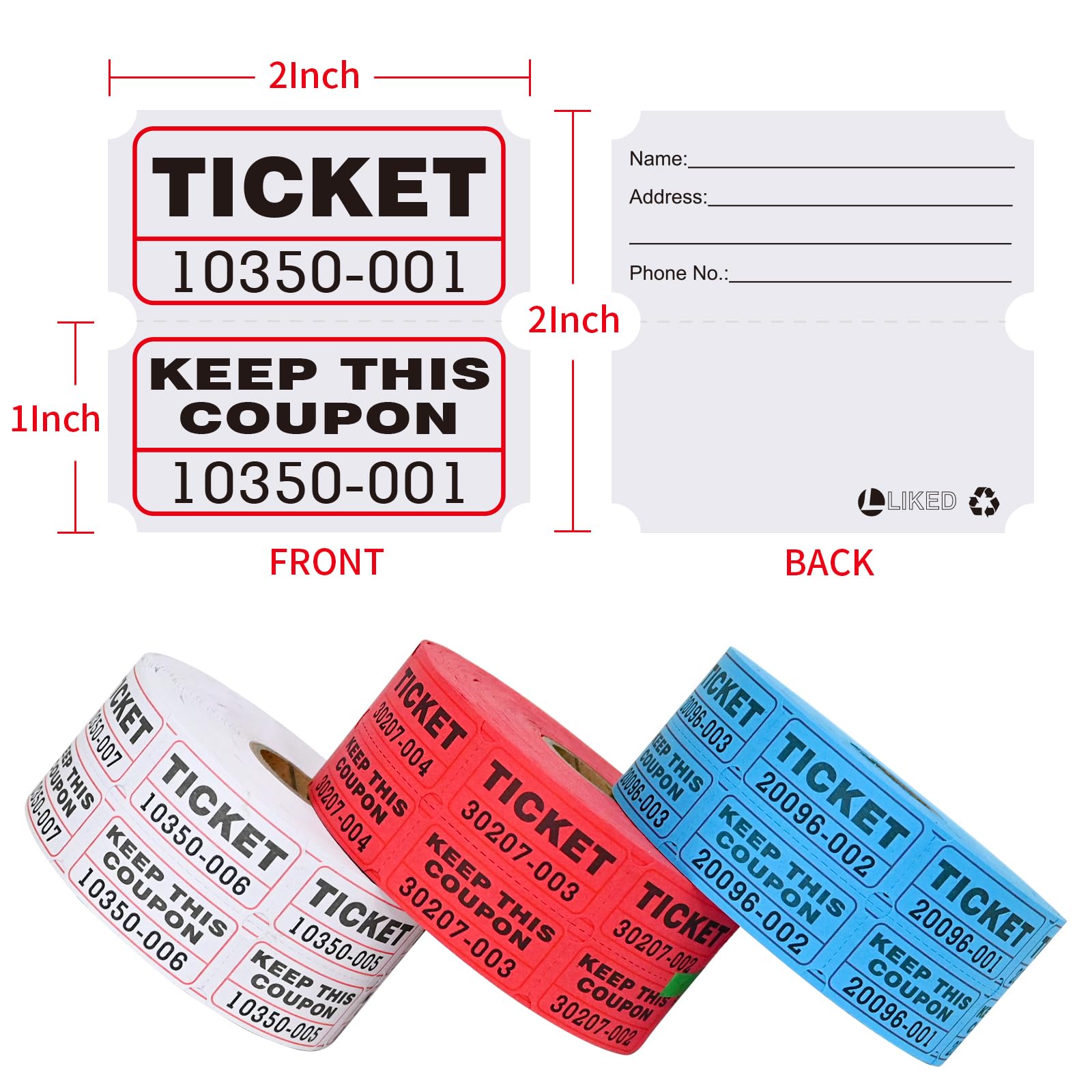 L LIKED Raffle Tickets Double Roll,Consecutively Numbered,50/50 Raffle Tickets for Event,Party,Prize,Drawing(3000 PCS Assorted)