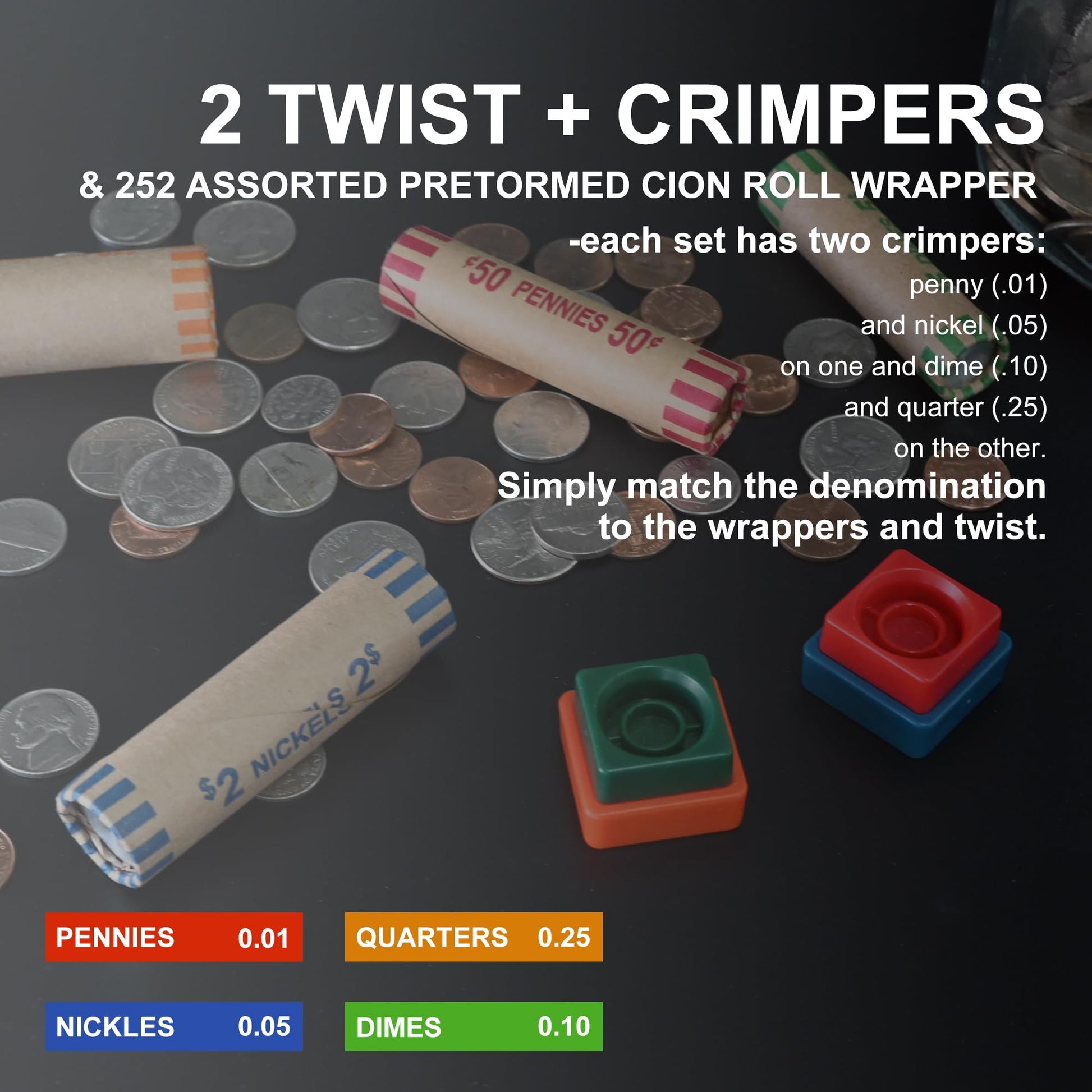 L LIKED 252 Assorted Coin Wrappers Preformed Tubes & 2 Twist N Crimp Wrapper Sealer -(Quarters, Pennies, Nickels and Dimes)