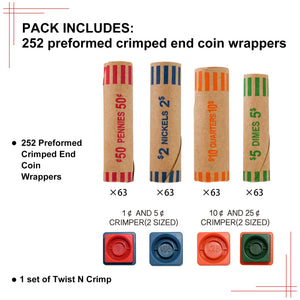 L LIKED 252 Assorted Coin Wrappers Preformed Tubes & 2 Twist N Crimp Wrapper Sealer -(Quarters, Pennies, Nickels and Dimes)