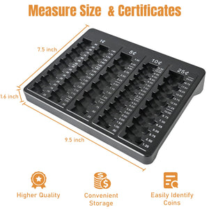 L LIKED 1PCS Black Coin Counter Tray -Change Counter Coin Counting and Sorting Tray with 150 Assort Coin Wrappers Included-5 Compartments Slots for Organization Pennies, Nickels, Dimes, and Quarters