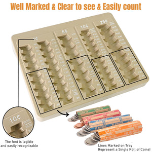 L LIKED 1PCS Brown Coin Counter Tray-Coin Sorter Tray with 150 Assort Coin Wrappers Included-5 Compartments Slots for Organization Pennies, Nickels, Dimes, and Quarters - Use for Bank,Home and Office