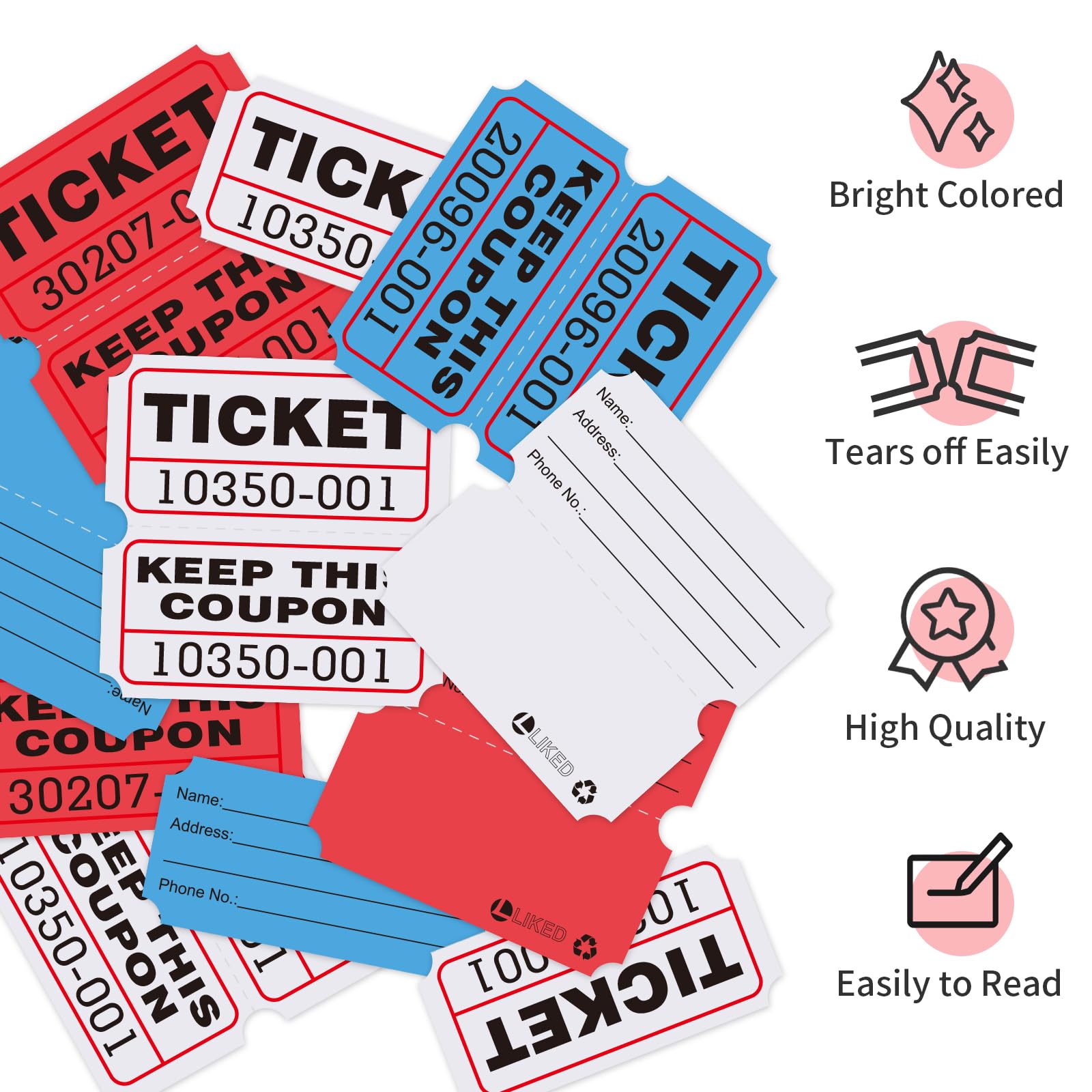 L LIKED Raffle Tickets Double Roll,Consecutively Numbered,50/50 Raffle Tickets for Event,Party,Prize,Drawing(3000 PCS Assorted)