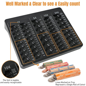 L LIKED 1PCS Black Coin Counter Tray -Change Counter Coin Counting and Sorting Tray with 150 Assort Coin Wrappers Included-5 Compartments Slots for Organization Pennies, Nickels, Dimes, and Quarters