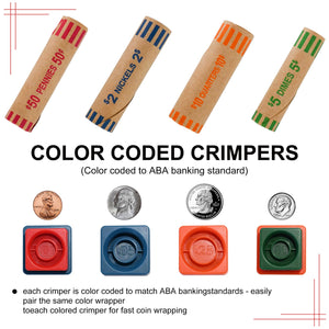 L LIKED 252 Assorted Coin Wrappers Preformed Tubes & 2 Twist N Crimp Wrapper Sealer -(Quarters, Pennies, Nickels and Dimes)