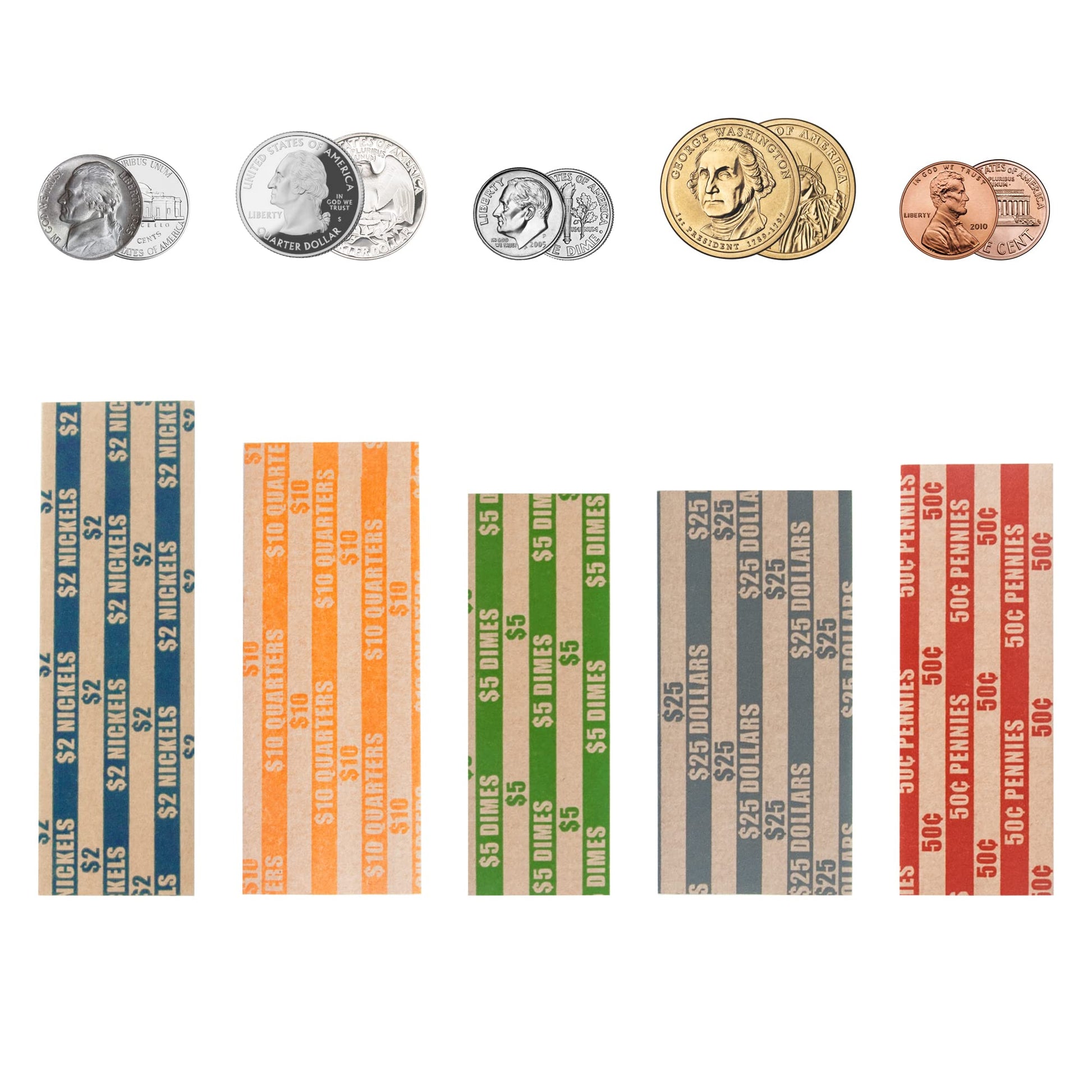 L LIKED 375 Assorted Bundle Flat Striped Coin Wrappers (75 of Each - Penny, Nickel, Dime, Quarter, Dollar)