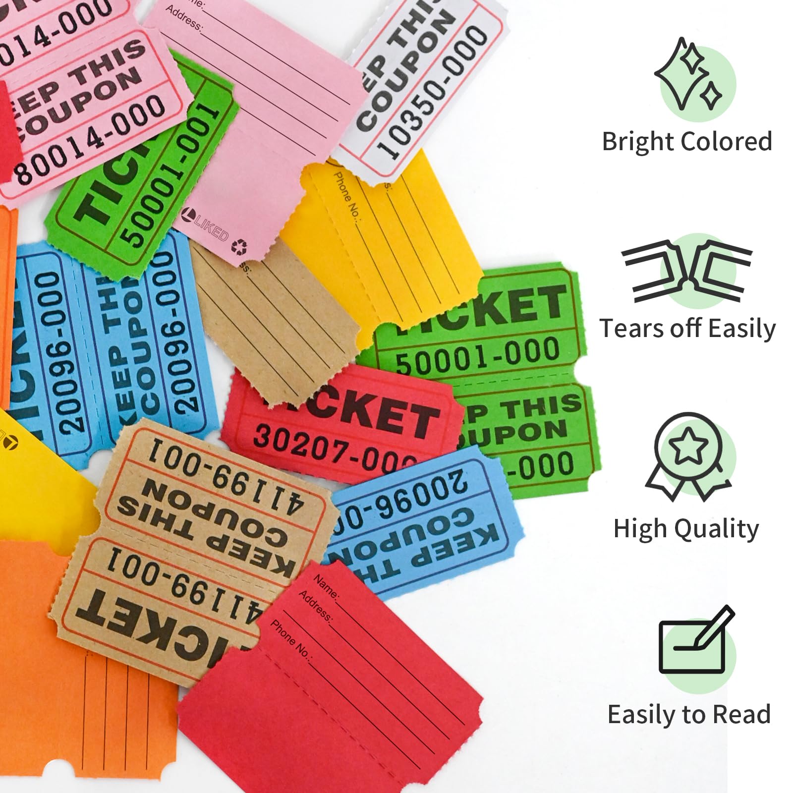 L LIKED 8000 Raffle Tickets 2" x 2" Raffle Tickets Consecutive Numbers for Events,Entry,Class Reward,Fundraiser & Prizes-1000 Tickets Per Roll,8 Rolls