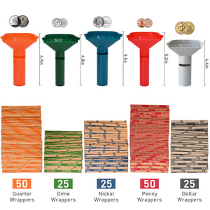 L LIKED 175 Assorted Flat Striped Coin Wrappers & 5 Coin Sorters Tubes, Color-Coded,Easy to Load