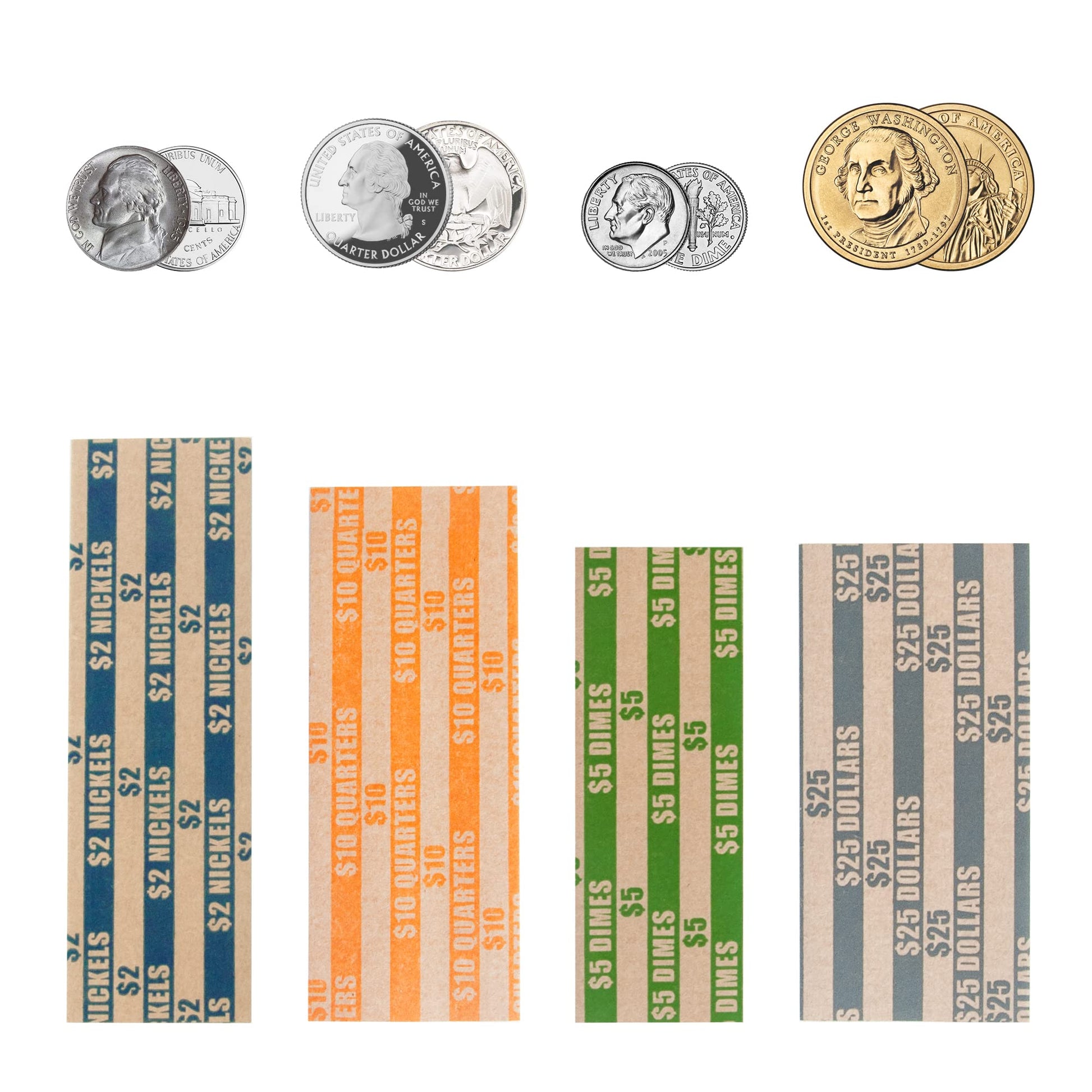 L LIKED 300 Assorted Bundle Flat Striped Coin Wrappers (75 of Each - Nickel, Dime, Quarter and Dollar)